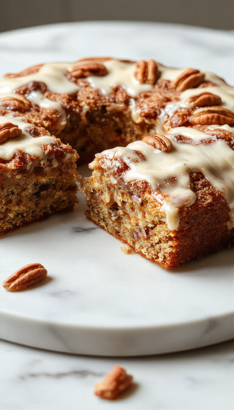 A rich, golden brown slice of Pecan Praline Cake garnished with a generous layer of glossy caramel sauce, chopped pecans, and a dollop of whipped cream on top. The cake sits on an elegant white plate with a rustic wooden table background, showing its moist texture and inviting appeal.