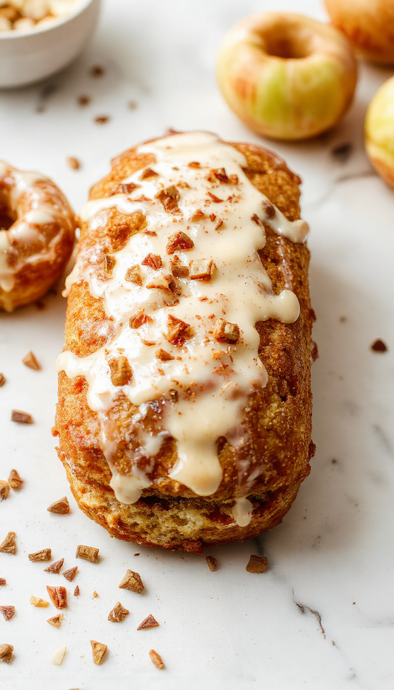 A golden, moist loaf cake with a slightly cracked top, drizzled with a cinnamon glaze. The loaf is sliced to reveal a tender crumb flecked with apple pieces and cinnamon swirls. It sits on a rustic wooden surface with fall foliage and cinnamon sticks in the background, evoking a cozy autumn ambiance.