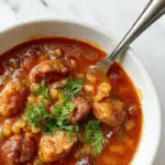 A rustic bowl filled with vibrant orange lentil soup topped with slices of browned sausage, garnished with fresh herbs. The soup has a thick, hearty texture, with visible chunks of vegetables and sausage slices, served on a wooden table with a spoon resting beside it.