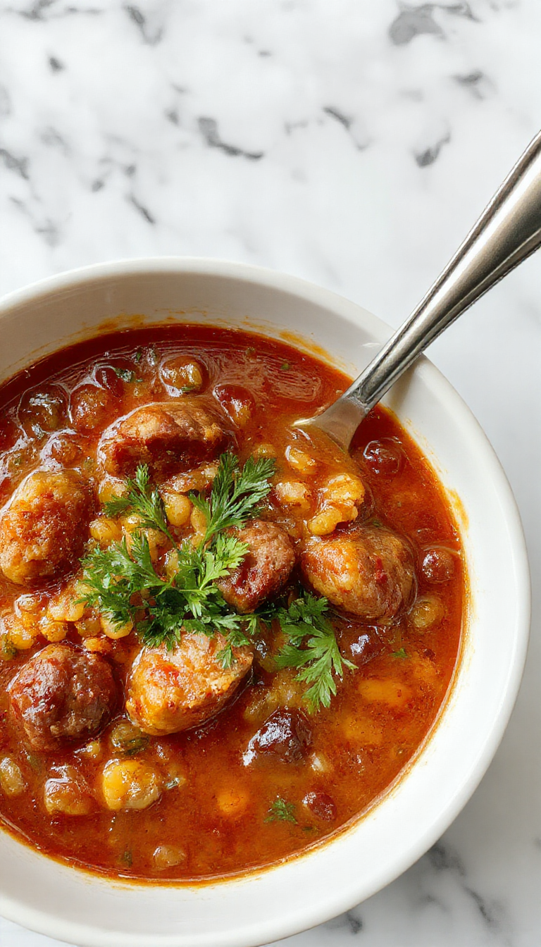 A rustic bowl filled with vibrant orange lentil soup topped with slices of browned sausage, garnished with fresh herbs. The soup has a thick, hearty texture, with visible chunks of vegetables and sausage slices, served on a wooden table with a spoon resting beside it.