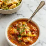 A vibrant bowl of Street Corn Chicken Chili featuring tender chicken chunks, bright yellow corn kernels, and a rich, reddish chili broth, topped with crumbled cheese, fresh cilantro, and a lime wedge, all presented on a rustic wooden table with garnishes scattered around.