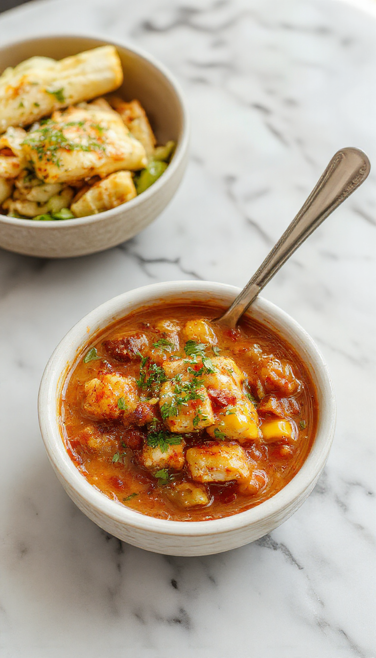 A vibrant bowl of Street Corn Chicken Chili featuring tender chicken chunks, bright yellow corn kernels, and a rich, reddish chili broth, topped with crumbled cheese, fresh cilantro, and a lime wedge, all presented on a rustic wooden table with garnishes scattered around.