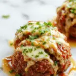 A close-up of a rustic white plate holding golden-brown stuffed meatballs filled with melted mozzarella cheese, garnished with fresh basil leaves. The meatballs are arranged neatly, showcasing the cheesy interior oozing out as they are sliced open, with a drizzle of tomato sauce around them. The background features a wooden table with a few fresh herbs and a small bowl of marinara sauce, emphasizing a hearty and inviting presentation.