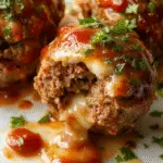 An overhead shot of golden-brown stuffed meatballs with melted mozzarella cheese oozing from the center, placed on a rustic white plate garnished with fresh herbs. The meatballs are arranged neatly, showcasing their juicy, textured exterior and gooey cheese interior. A side of marinara sauce is visible alongside, adding vibrant red color to the presentation.
