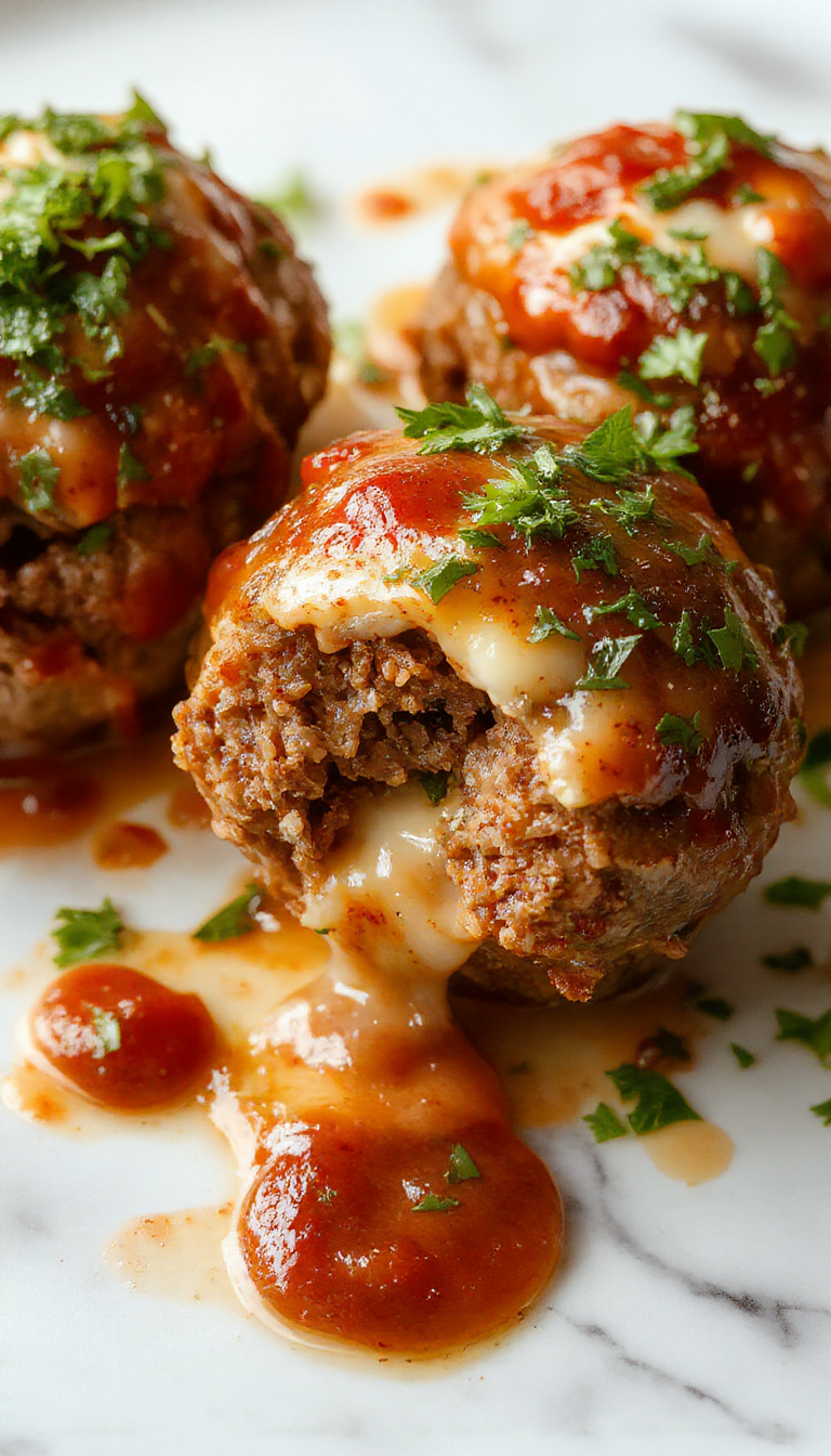 An overhead shot of golden-brown stuffed meatballs with melted mozzarella cheese oozing from the center, placed on a rustic white plate garnished with fresh herbs. The meatballs are arranged neatly, showcasing their juicy, textured exterior and gooey cheese interior. A side of marinara sauce is visible alongside, adding vibrant red color to the presentation.