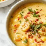 A creamy, vibrant bowl of Summer Corn and Zucchini Chowder garnished with fresh herbs, resting on a rustic wooden table. The chowder showcases yellow corn kernels and green zucchini slices in a smooth, pale yellow broth, topped with a sprig of thyme and a dusting of black pepper. In the background, a spoon and a piece of crusty bread lie alongside a linen napkin, enhancing the inviting, summery presentation.