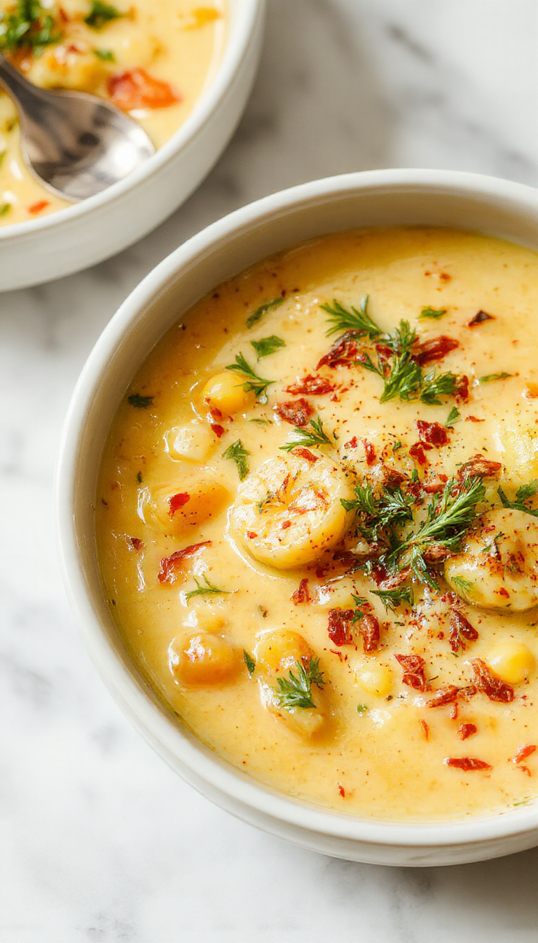 A creamy, vibrant bowl of Summer Corn and Zucchini Chowder garnished with fresh herbs, resting on a rustic wooden table. The chowder showcases yellow corn kernels and green zucchini slices in a smooth, pale yellow broth, topped with a sprig of thyme and a dusting of black pepper. In the background, a spoon and a piece of crusty bread lie alongside a linen napkin, enhancing the inviting, summery presentation.