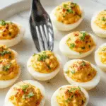A close-up of a vintage white deviled egg dish holding six neatly arranged deviled eggs. The eggs are halved, filled with creamy yellow yolk mixture, topped with paprika and garnished with small parsley leaves. The background features a rustic wooden table with a few whole eggs and a small bowl of paprika, creating a warm, inviting atmosphere.