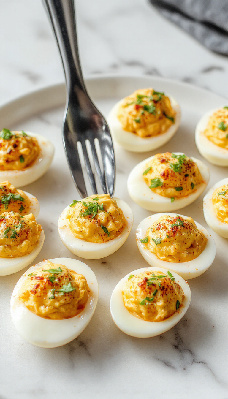 A close-up of a vintage white deviled egg dish holding six neatly arranged deviled eggs. The eggs are halved, filled with creamy yellow yolk mixture, topped with paprika and garnished with small parsley leaves. The background features a rustic wooden table with a few whole eggs and a small bowl of paprika, creating a warm, inviting atmosphere.