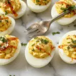 A close-up of a vintage ceramic deviled egg dish filled with six glossy, creamy deviled eggs. Each egg half is topped with paprika and garnished with finely chopped chives. The dish is placed on a rustic wooden table with a soft, warm lighting ambiance, highlighting the smooth texture of the egg filling and the vibrant orange yolks contrasting with the white shells.