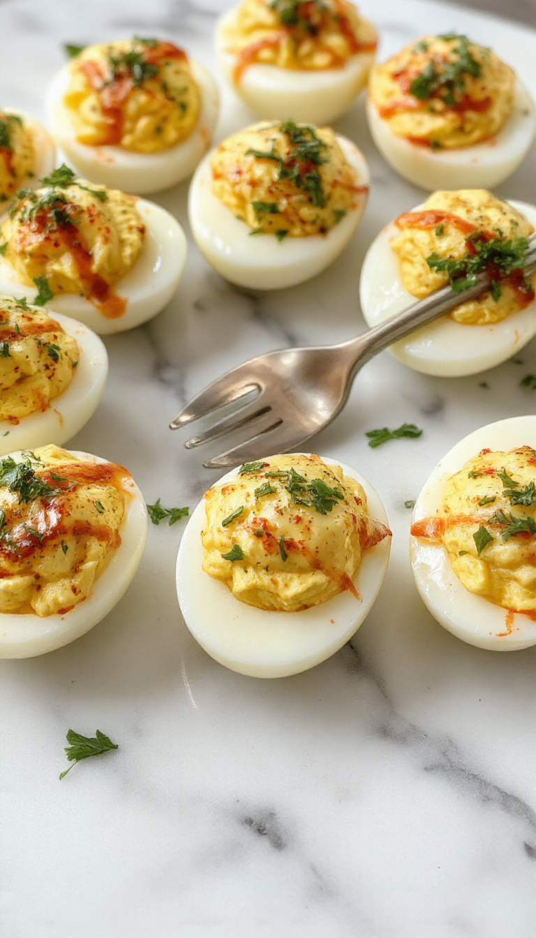 A close-up of a vintage ceramic deviled egg dish filled with six glossy, creamy deviled eggs. Each egg half is topped with paprika and garnished with finely chopped chives. The dish is placed on a rustic wooden table with a soft, warm lighting ambiance, highlighting the smooth texture of the egg filling and the vibrant orange yolks contrasting with the white shells.