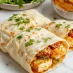 A close-up of a vibrant chicken wrap sliced open, revealing tender chicken coated in glossy sweet chili sauce, fresh lettuce, sliced peppers, and shredded cheese, wrapped in a soft, golden tortilla with slight grill marks, presented on a rustic wooden plate