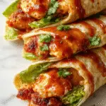 A close-up of a vibrant chicken wrap with crispy golden-brown chicken pieces, bright red chili sauce, fresh green lettuce, and shredded vegetables wrapped in a soft tortilla, neatly sliced to reveal the colorful filling.