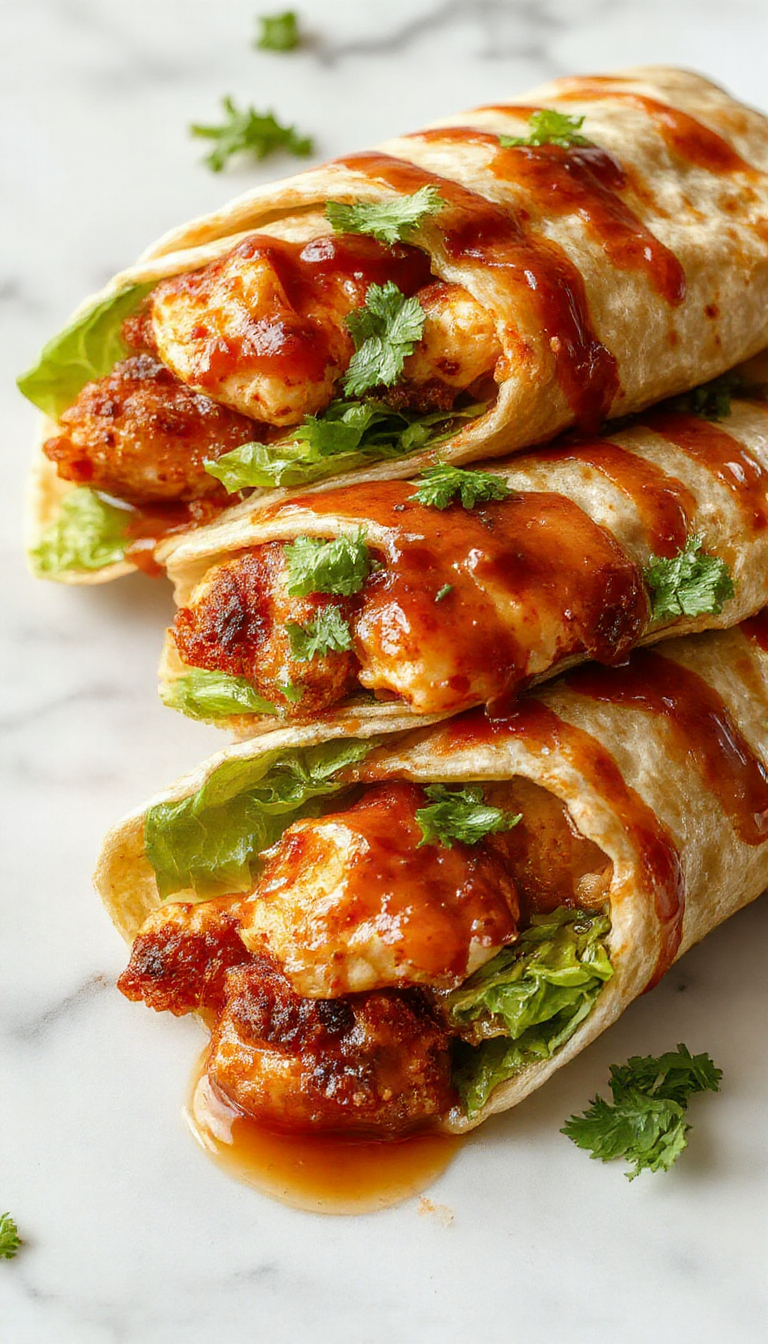 A close-up of a vibrant chicken wrap with crispy golden-brown chicken pieces, bright red chili sauce, fresh green lettuce, and shredded vegetables wrapped in a soft tortilla, neatly sliced to reveal the colorful filling.