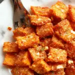 A golden-brown sweet potato crunch casserole topped with a crispy, crunchy streusel crust, garnished with fresh herbs, served in a rustic white dish.