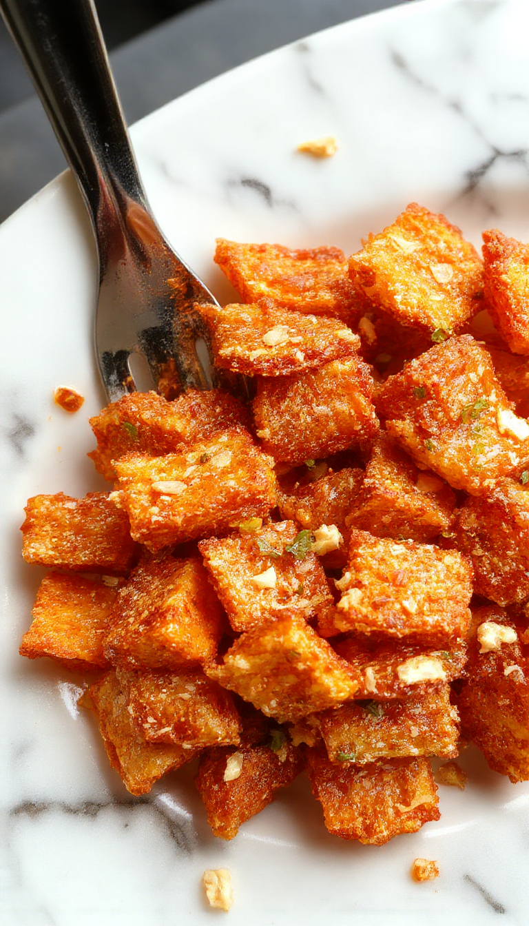 A golden-brown sweet potato crunch casserole topped with a crispy, crunchy streusel crust, garnished with fresh herbs, served in a rustic white dish.