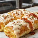 A close-up of warm, golden-brown Texas Roadhouse Rolls arranged on a rustic wooden platter. The rolls have a soft, fluffy texture with a slightly crispy crust, steam gently rising from them, and are garnished with a sprig of fresh herbs. The background features a cozy restaurant setting with subtle lighting highlighting the appetizing appearance.
