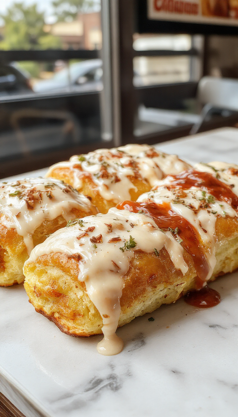 A close-up of warm, golden-brown Texas Roadhouse Rolls arranged on a rustic wooden platter. The rolls have a soft, fluffy texture with a slightly crispy crust, steam gently rising from them, and are garnished with a sprig of fresh herbs. The background features a cozy restaurant setting with subtle lighting highlighting the appetizing appearance.