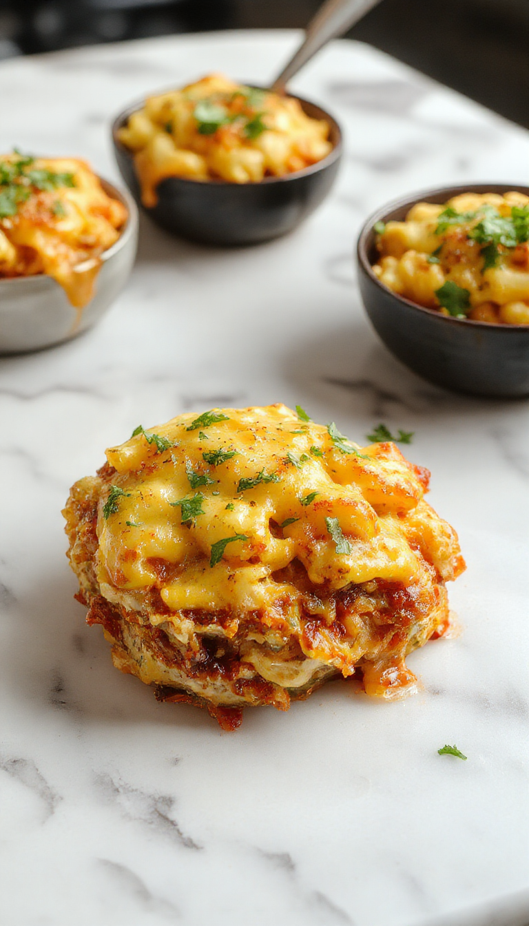 A creamy bowl of high protein macaroni and cheese featuring perfectly cooked elbow macaroni coated in a rich, cheesy sauce, topped with finely chopped herbs and slices of grilled chicken on the side, all served on a rustic wooden table with a sprig of parsley for garnish.