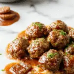A rustic oval dish featuring perfectly round, browned Salisbury steak meatballs covered in a glossy brown gravy. The meatballs are garnished with chopped parsley and served alongside a generous portion of creamy mashed potatoes and vibrant steamed green beans. The dish is set on a wooden table with warm lighting highlighting the hearty, comforting meal, with a side of crusty rolls in the background.
