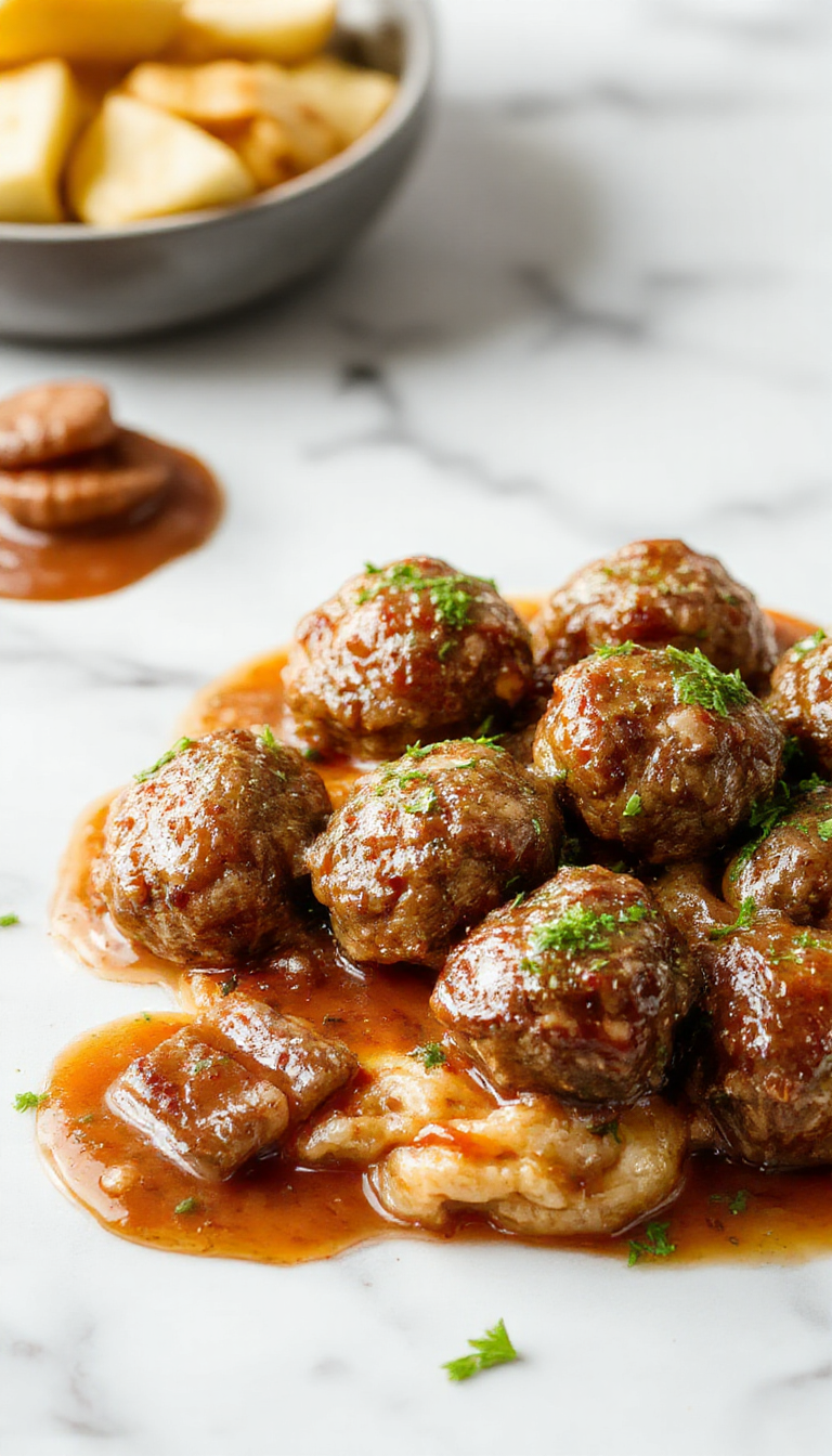 A rustic oval dish featuring perfectly round, browned Salisbury steak meatballs covered in a glossy brown gravy. The meatballs are garnished with chopped parsley and served alongside a generous portion of creamy mashed potatoes and vibrant steamed green beans. The dish is set on a wooden table with warm lighting highlighting the hearty, comforting meal, with a side of crusty rolls in the background.