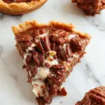 A golden-brown pecan pie topped with glossy chocolate glaze and whole pecans, sliced to reveal a rich, melty chocolate filling inside a flaky crust, styled on a rustic plate with a fork beside it.