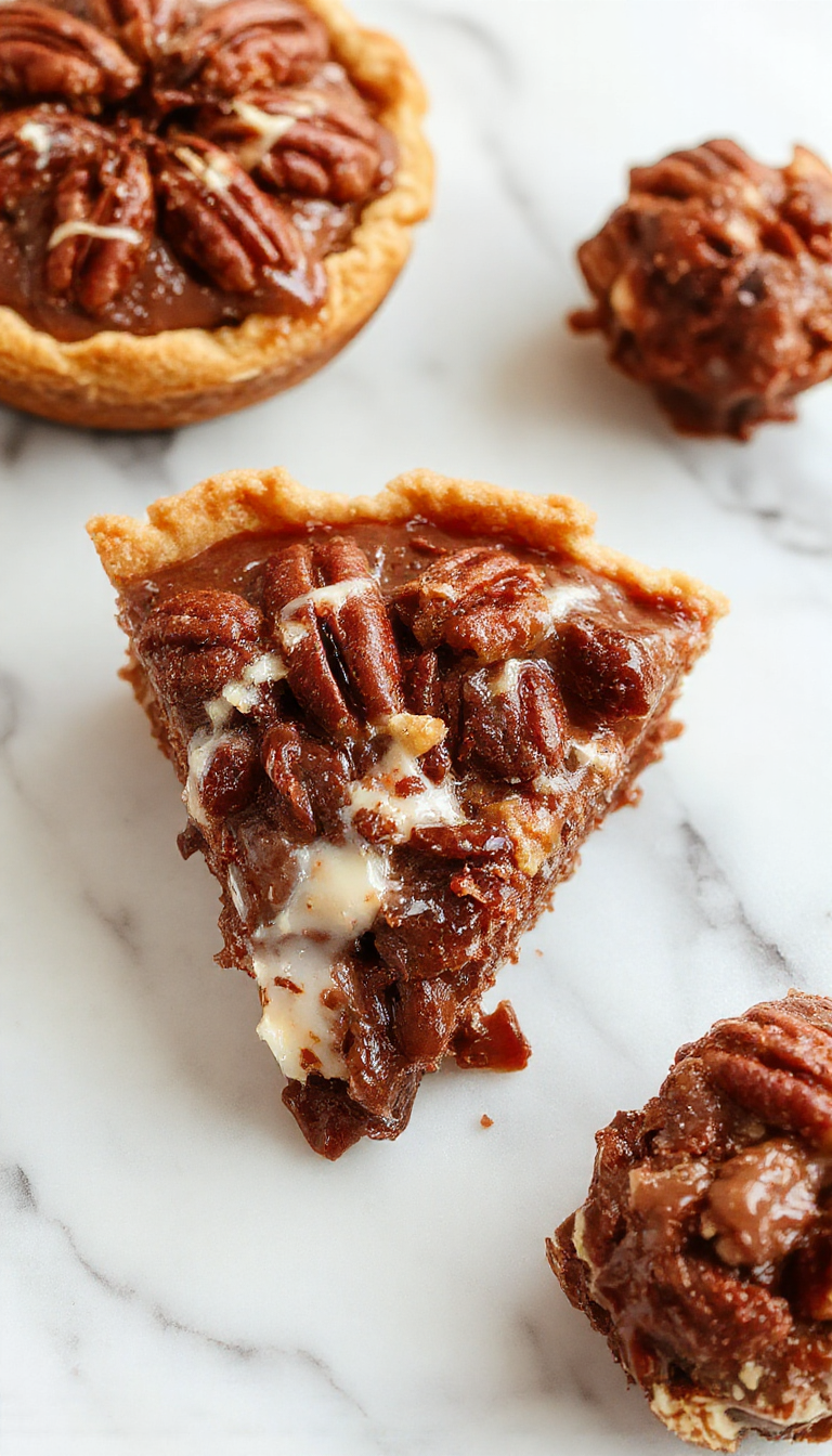 A golden-brown pecan pie topped with glossy chocolate glaze and whole pecans, sliced to reveal a rich, melty chocolate filling inside a flaky crust, styled on a rustic plate with a fork beside it.