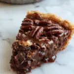 A slice of rich Chocolate Pecan Pie on a white plate, showcasing dark glossy chocolate filling topped with toasted pecans, with a golden flaky crust visible from the side. The pie is garnished with a drizzle of chocolate and a few pecans, set against a rustic wooden table with powdered sugar sprinkled around.