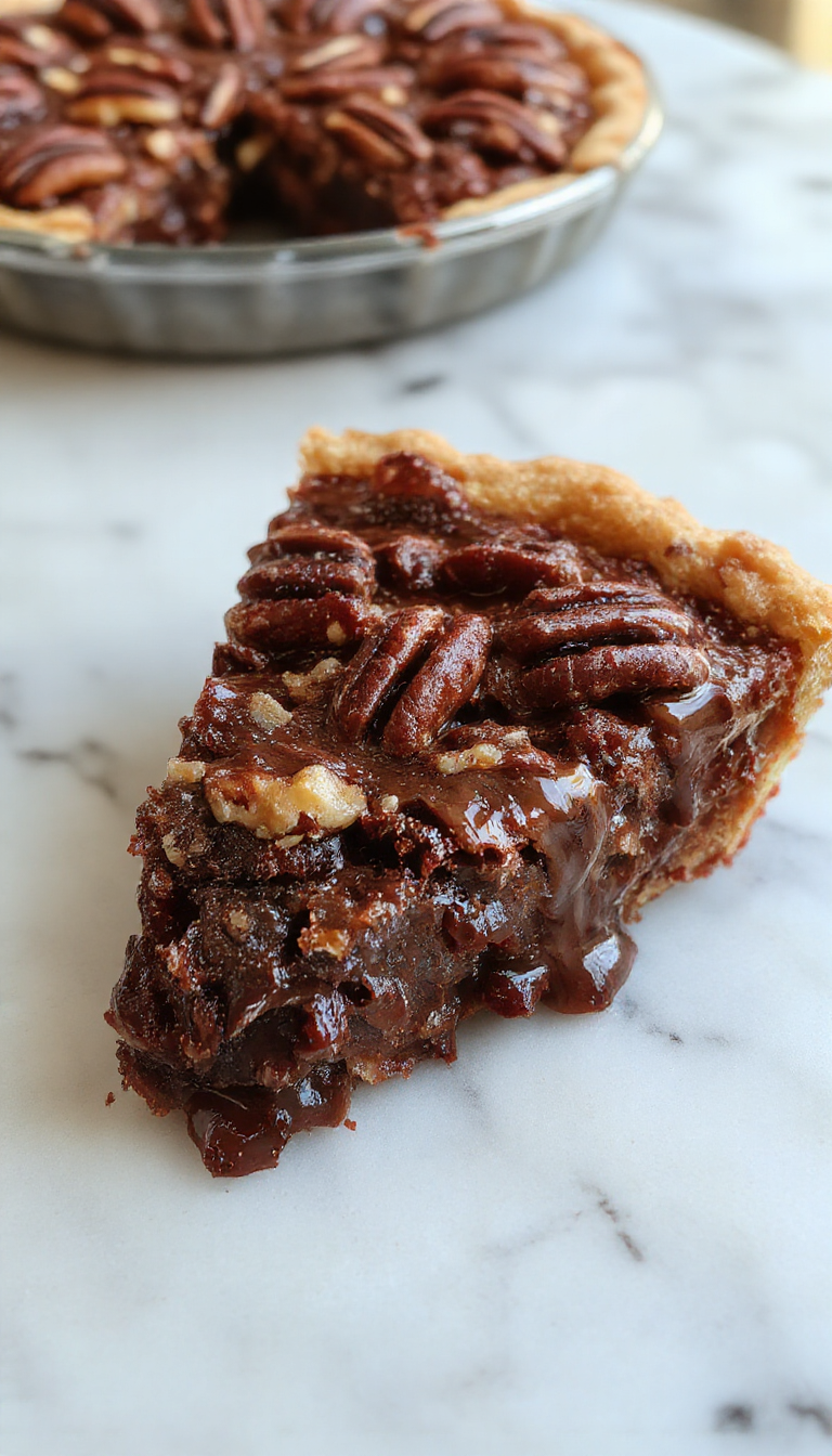 A slice of rich Chocolate Pecan Pie on a white plate, showcasing dark glossy chocolate filling topped with toasted pecans, with a golden flaky crust visible from the side. The pie is garnished with a drizzle of chocolate and a few pecans, set against a rustic wooden table with powdered sugar sprinkled around.