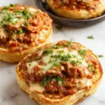 A close-up of a plate featuring golden-brown Texas toast topped generously with savory Sloppy Joe mixture, garnished with chopped herbs, with a side of fresh vegetables and a drizzle of sauce.