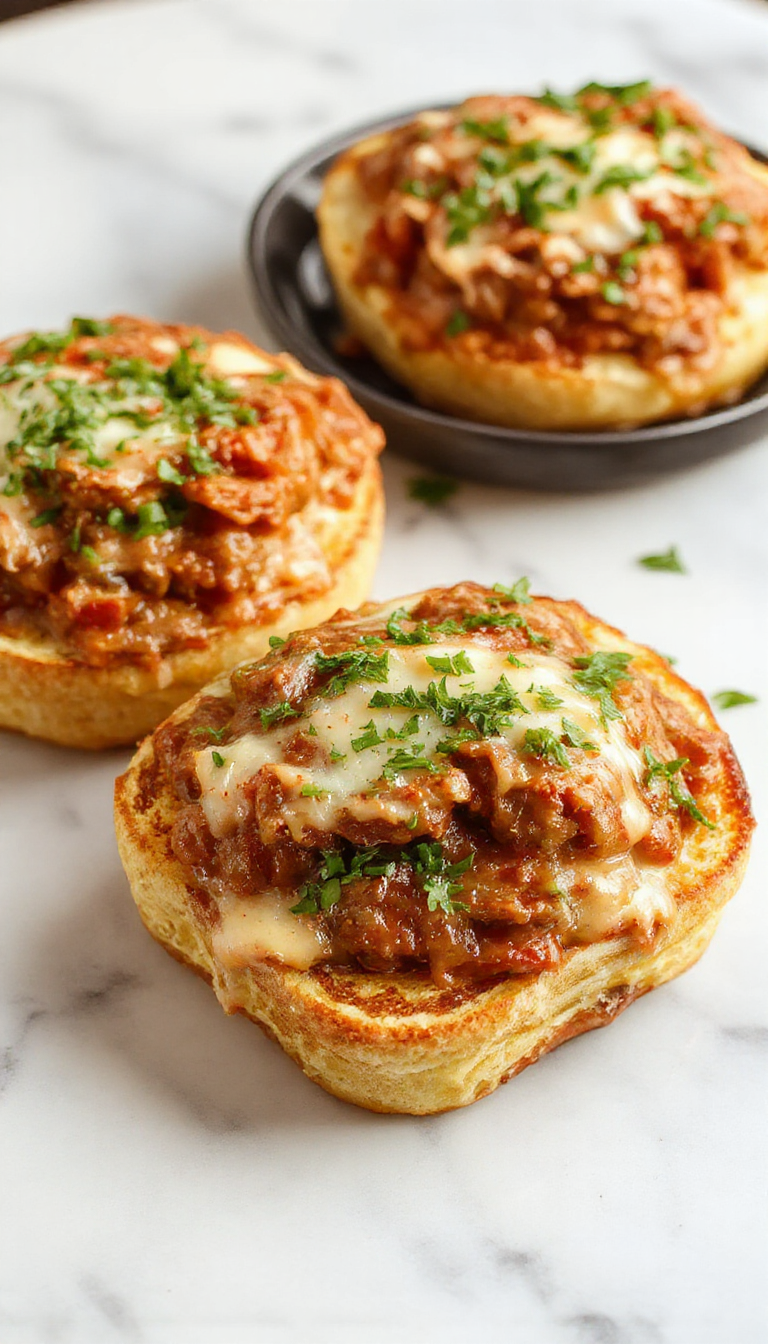 A close-up of a plate featuring golden-brown Texas toast topped generously with savory Sloppy Joe mixture, garnished with chopped herbs, with a side of fresh vegetables and a drizzle of sauce.
