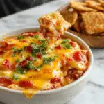 A vibrant, colorful bowl of Texas Trash Dip served on a rustic wooden table. The gooey, cheesy mixture is topped with diced tomatoes, sliced green onions, and a sprinkle of shredded cheese. Surrounding the bowl are crispy tortilla chips, along with fresh jalapenos and salsa for added garnish. The dip exhibits a creamy, melted cheese consistency with visible layers of seasoned ingredients, inviting for a party setting.