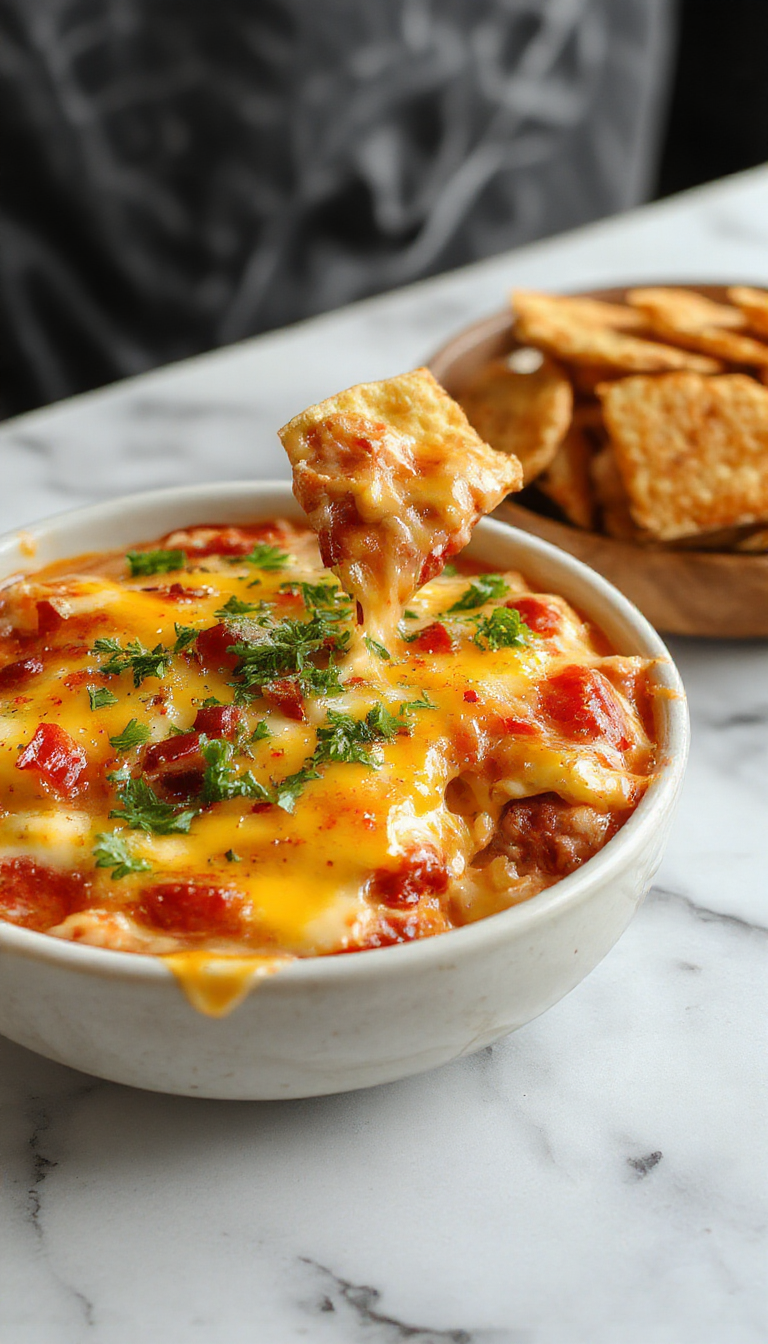 A vibrant, colorful bowl of Texas Trash Dip served on a rustic wooden table. The gooey, cheesy mixture is topped with diced tomatoes, sliced green onions, and a sprinkle of shredded cheese. Surrounding the bowl are crispy tortilla chips, along with fresh jalapenos and salsa for added garnish. The dip exhibits a creamy, melted cheese consistency with visible layers of seasoned ingredients, inviting for a party setting.