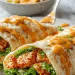 A close-up of a Thai Peanut Chicken Wrap elegantly sliced open, revealing tender grilled chicken, crunchy vegetables, and a rich peanut sauce inside a soft tortilla. The wrap is garnished with fresh cilantro and sliced peanuts, presented on a rustic wooden plate with a side of vibrant salad and lime wedges.