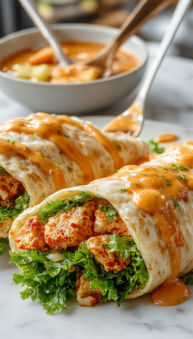 A close-up of a Thai Peanut Chicken Wrap elegantly sliced open, revealing tender grilled chicken, crunchy vegetables, and a rich peanut sauce inside a soft tortilla. The wrap is garnished with fresh cilantro and sliced peanuts, presented on a rustic wooden plate with a side of vibrant salad and lime wedges.