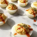 A close-up of a platter of deviled eggs, beautifully arranged with creamy yellow filling topped with paprika and fresh herbs, garnished with small sprigs of parsley. The eggs are cut in half, revealing the smooth filling, set against a rustic wooden table with autumn-themed decorations in the background.