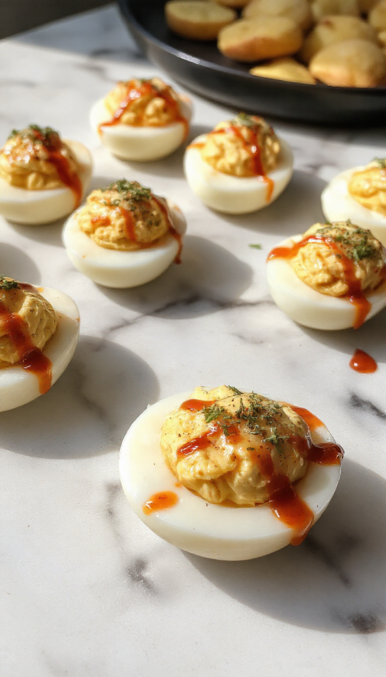 A close-up of a platter of deviled eggs, beautifully arranged with creamy yellow filling topped with paprika and fresh herbs, garnished with small sprigs of parsley. The eggs are cut in half, revealing the smooth filling, set against a rustic wooden table with autumn-themed decorations in the background.