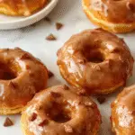 A golden-brown brioche donut filled with smooth pumpkin filling, topped with a light dusting of powdered sugar and a drizzle of caramel glaze, presented on a rustic wooden plate with scattered cinnamon and nutmeg.