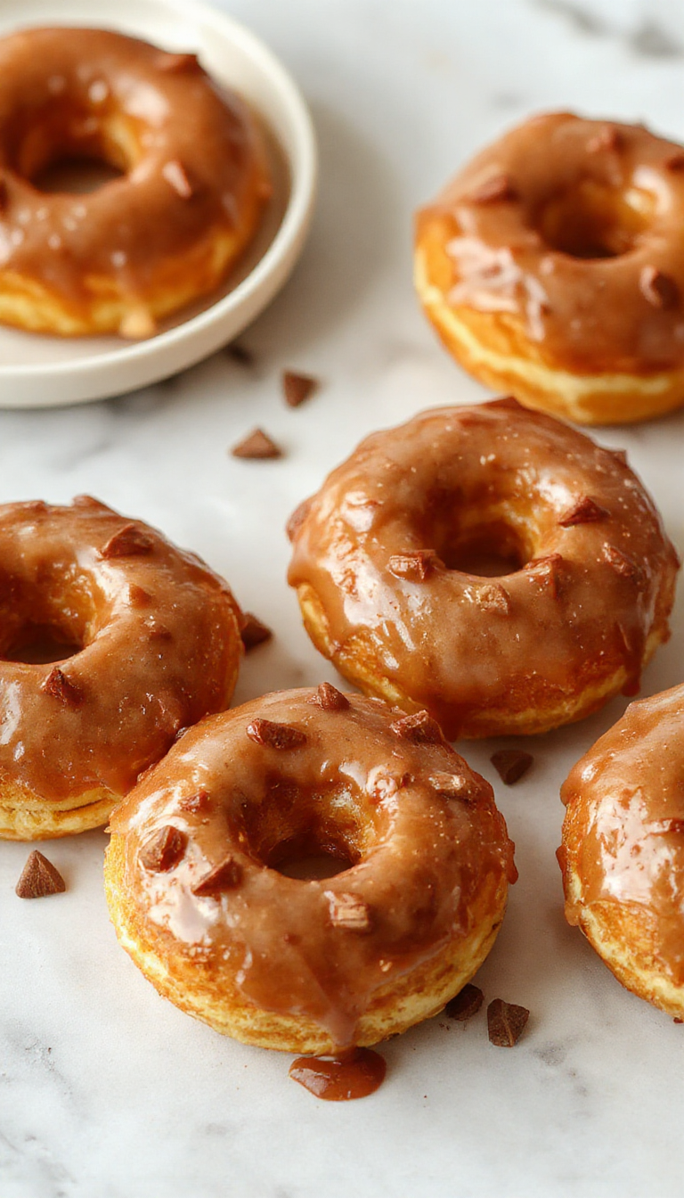 A golden-brown brioche donut filled with smooth pumpkin filling, topped with a light dusting of powdered sugar and a drizzle of caramel glaze, presented on a rustic wooden plate with scattered cinnamon and nutmeg.