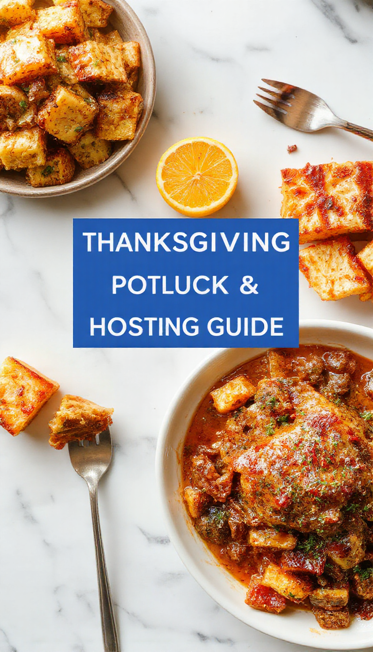 A vibrant, overflowing platter of assorted Thanksgiving dishes including roasted sweet potatoes, sliced apples, and colorful fall-themed appetizers, arranged elegantly on a rustic wooden table with cozy fall decorations.