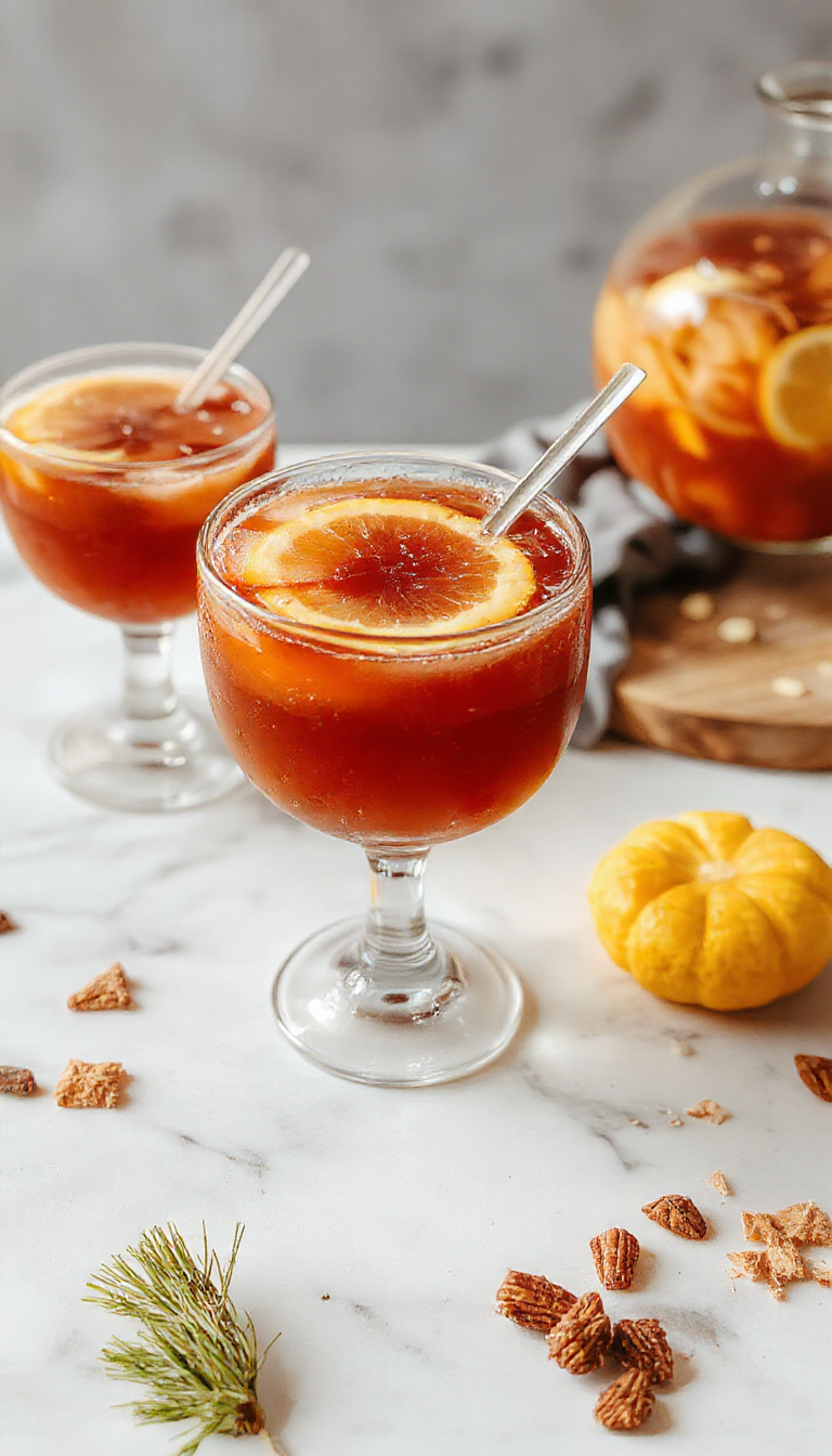 A clear glass pitcher filled with a vibrant, amber-colored Thanksgiving punch garnished with slices of apple and cinnamon sticks, placed on a festive table with autumn leaves and decorative pumpkins in the background.