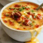 A creamy bowl of cheeseburger soup topped with melted cheese, crumbled bacon, chopped green onions, and shredded cheddar cheese, served with a side of crusty bread and garnished with fresh herbs, showcasing a rich, hearty, and inviting presentation.