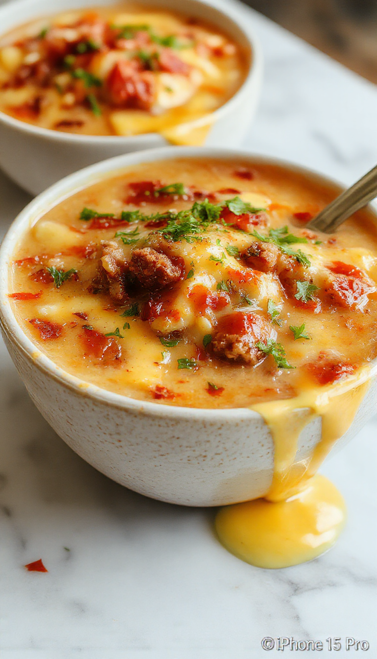 A creamy bowl of cheeseburger soup topped with melted cheese, crumbled bacon, chopped green onions, and shredded cheddar cheese, served with a side of crusty bread and garnished with fresh herbs, showcasing a rich, hearty, and inviting presentation.