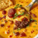 A creamy bowl of Cheeseburger Soup topped with melted cheese, diced pickles, shredded cheddar, and chopped green onions, garnished with a crispy bacon strip on a rustic wooden table. The rich, smooth texture of the soup contrasts with the colorful toppings, creating an inviting, hearty presentation.
