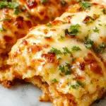 A bubbling cheesy tater tot casserole in a rustic baking dish, topped with melted golden cheese and crisp edges of crispy tater tots, garnished with fresh herbs.