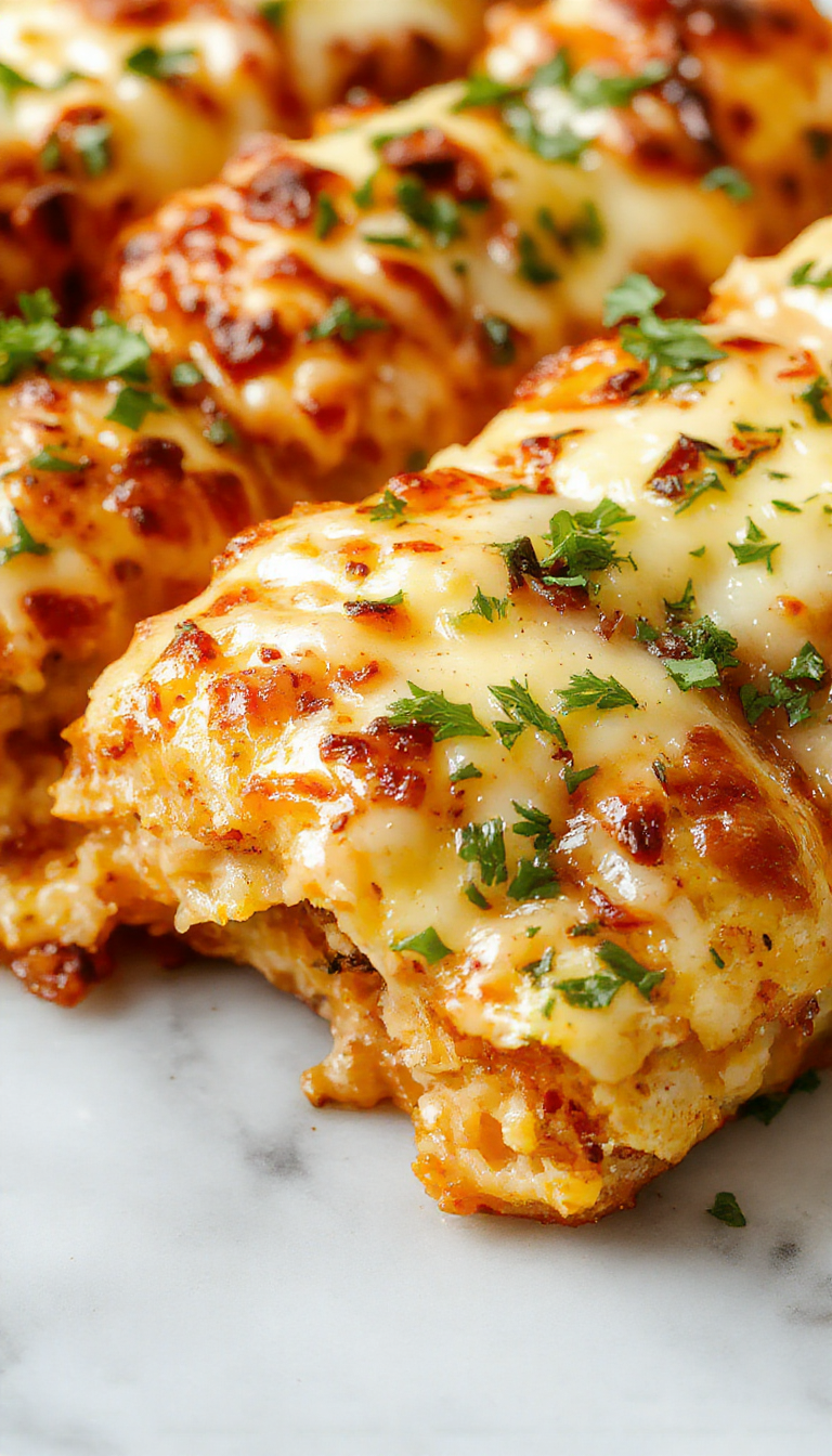 A bubbling cheesy tater tot casserole in a rustic baking dish, topped with melted golden cheese and crisp edges of crispy tater tots, garnished with fresh herbs.