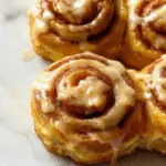 A close-up of a freshly baked pumpkin cinnamon roll topped with a generous layer of creamy cream cheese glaze, glistening caramel icing drizzled over, showing the soft, fluffy texture of the roll and the rich orange hue of the pumpkin-infused dough. The cinnamon swirl is visible on the side, with a few spices sprinkled on top for garnish. The cinnamon roll is presented on a rustic wooden surface with a background suggesting a cozy kitchen setting.