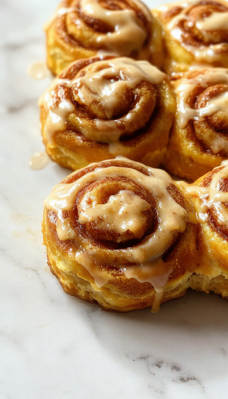 A close-up of a freshly baked pumpkin cinnamon roll topped with a generous layer of creamy cream cheese glaze, glistening caramel icing drizzled over, showing the soft, fluffy texture of the roll and the rich orange hue of the pumpkin-infused dough. The cinnamon swirl is visible on the side, with a few spices sprinkled on top for garnish. The cinnamon roll is presented on a rustic wooden surface with a background suggesting a cozy kitchen setting.