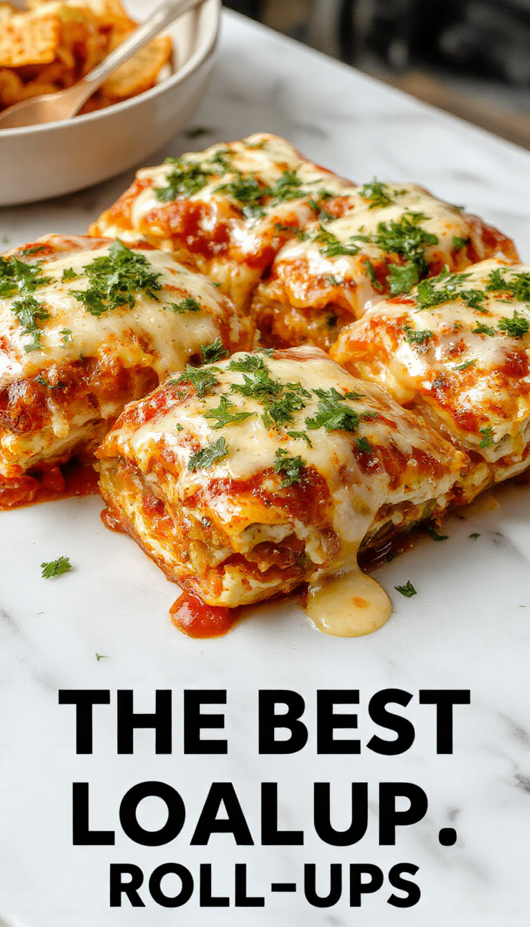 Close-up of beautifully arranged lasagna roll ups on a rustic white plate, featuring golden-brown edges and creamy filling peeking out. The roll ups are topped with melted cheese and a sprinkle of fresh basil, with a rich tomato sauce underneath and a side of fresh herbs and grated Parmesan for garnish.