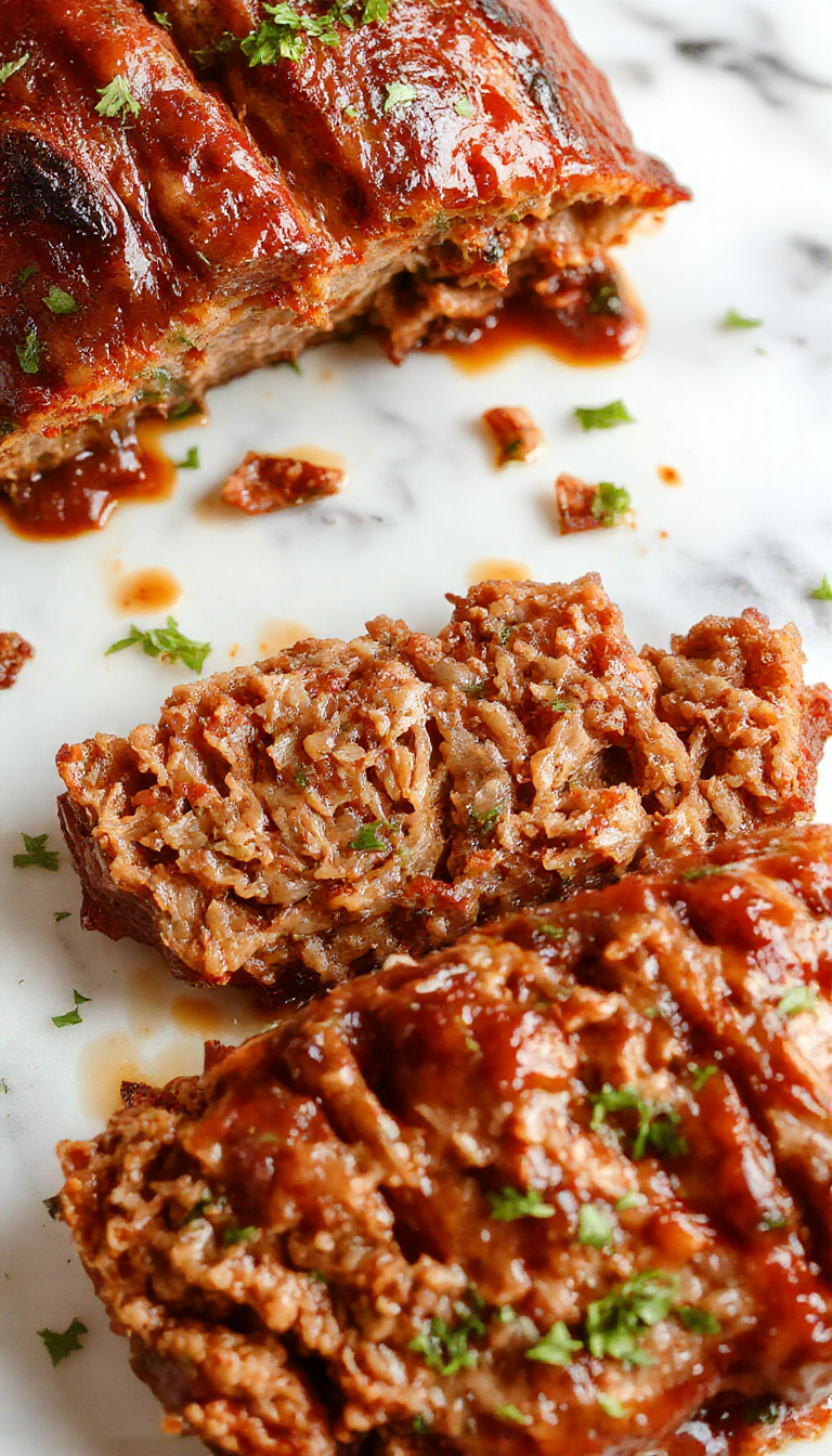 A perfectly baked beef meatloaf glazed with a rich, glossy sauce, sliced to reveal a moist, hearty interior with visible herbs and breadcrumbs, served on a rustic wooden platter with fresh herbs and roasted vegetables around it.